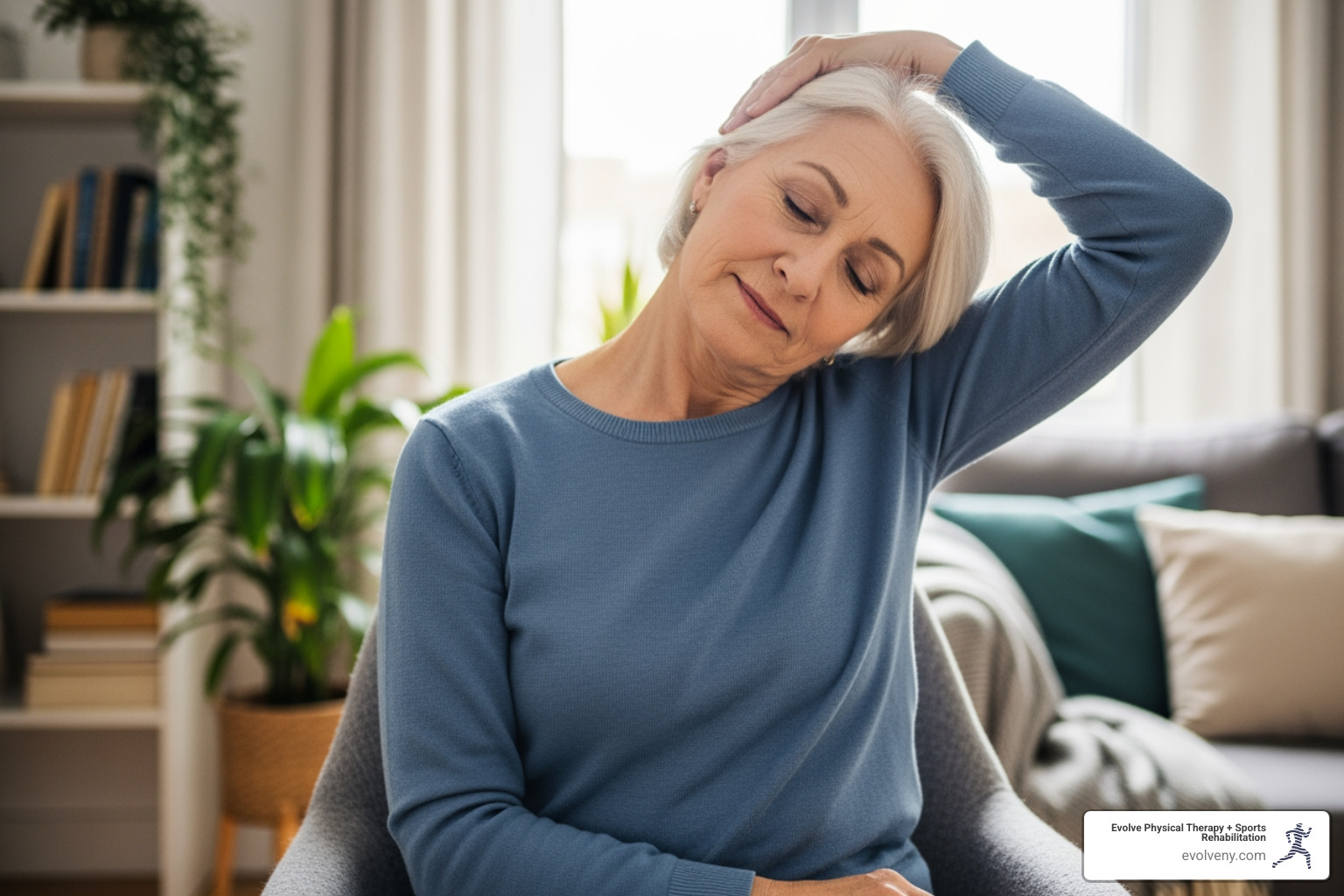 senior performing seated neck stretch - gentle stretching for seniors