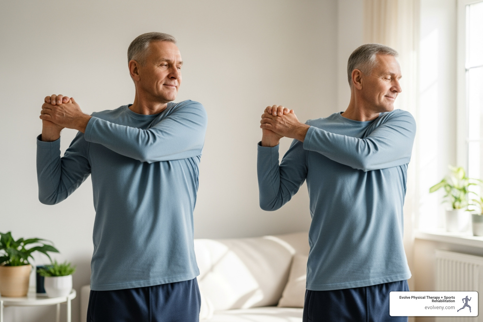 senior doing chest stretch and shoulder roll - gentle stretching for seniors