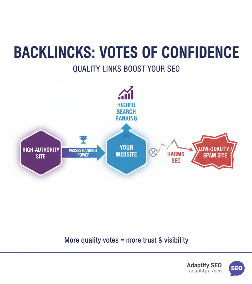 Infographic showing how backlinks work as votes of confidence between websites, with high-authority sites passing more ranking power through quality links, and low-quality spammy links potentially harming your SEO - SEO backlink checker infographic 