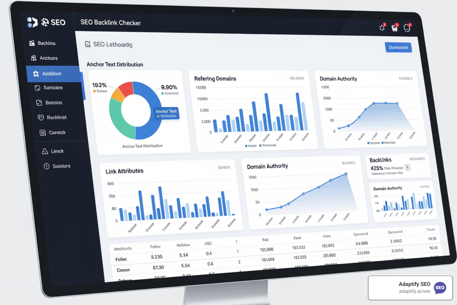 A backlink checker dashboard highlighting key metrics like referring domains, anchor text distribution, and link attributes. - SEO backlink checker