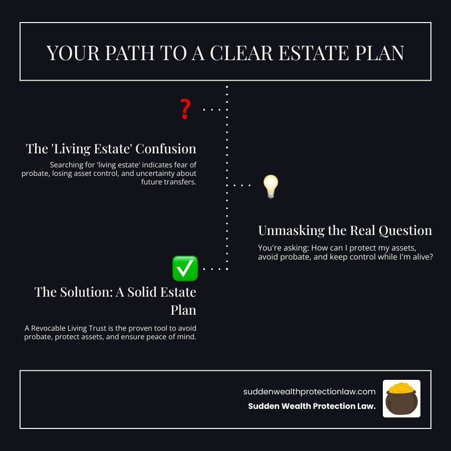 Infographic showing the path from confusion about living estate to clarity: starting with common search terms like living estate or avoiding probate, moving through education on estate plans and living trusts, addressing fears like probate and loss of control, and ending with a clear solution of a revocable living trust and professional guidance - living estate infographic infographic-line-3-steps-dark Infographic showing the path from confusion about living estate to clarity: starting with common search terms like living estate or avoiding probate, moving through education on estate plans and living trusts, addressing fears like probate and loss of control, and ending with a clear solution of a revocable living trust and professional guidance - living estate infographic infographic-line-3-steps-dark