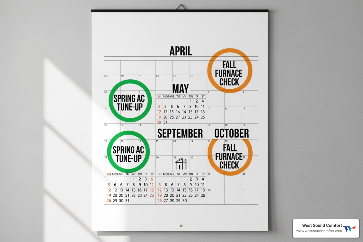 Calendar with "Spring AC Tune-Up" and "Fall Furnace Check" marked - hvac maintenance service in sequim, wa