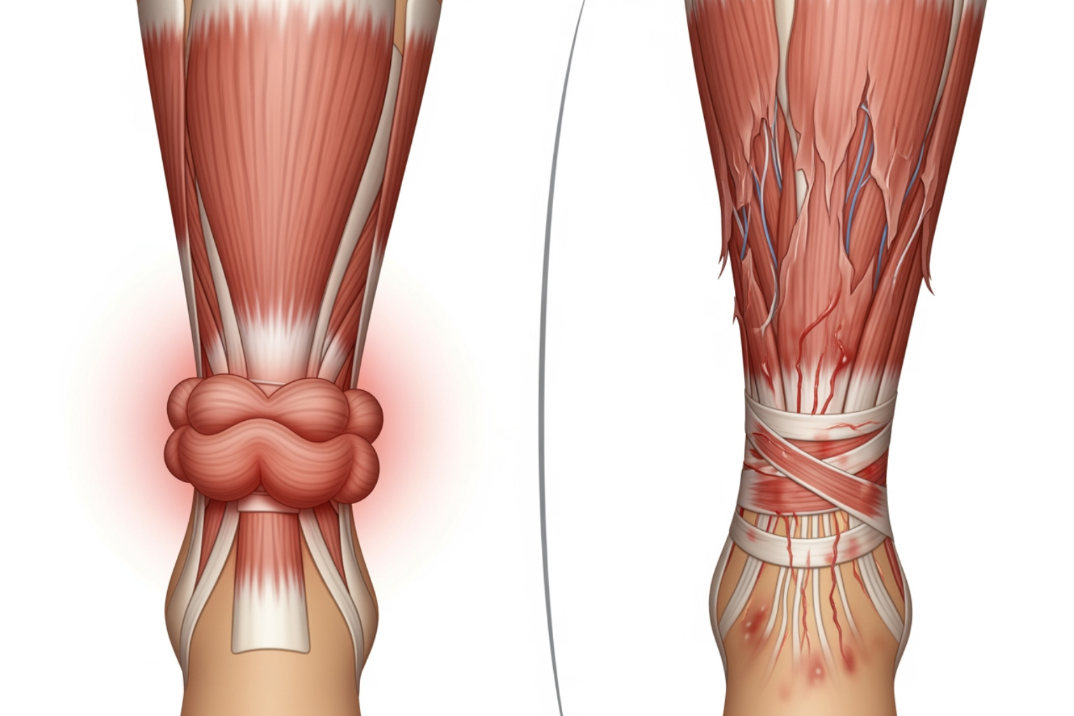 illustration showing a muscle cramp as a tight, constricted muscle with a painful knot, and a muscle strain as torn muscle fibers with inflammation and bruising - calf muscle pain reliever