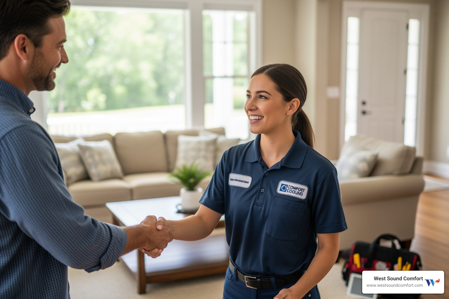 homeowner shaking hands with a friendly technician - certified heat pump technician in chimacum, wa homeowner shaking hands with a friendly technician - certified heat pump technician in chimacum, wa