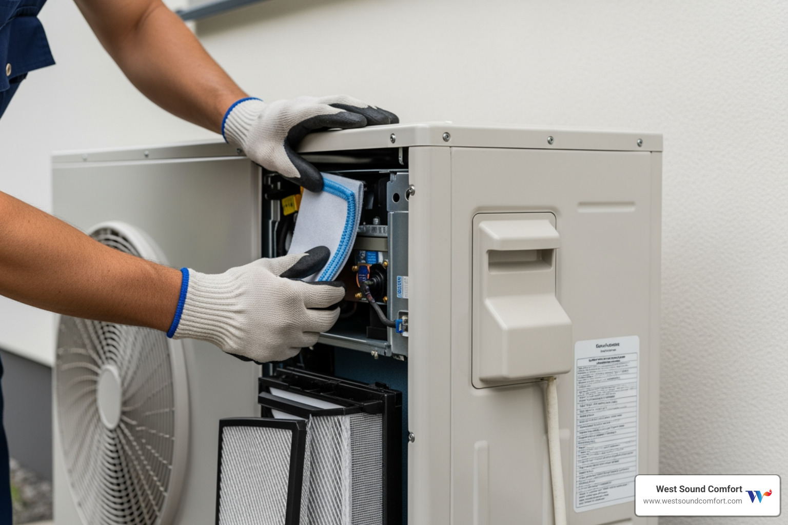 Technician performing maintenance on a clean heat pump, checking components and cleaning filters - certified heat pump technician in sequim, wa