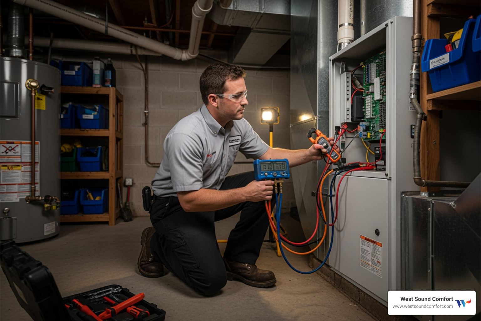 technician inspecting an indoor air handler unit - certified heat pump technician in chimacum, wa technician inspecting an indoor air handler unit - certified heat pump technician in chimacum, wa