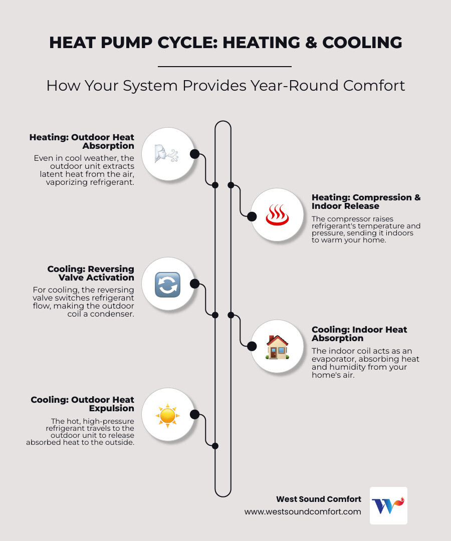 infographic showing heat pump heating and cooling cycle with reversing valve operation, outdoor and indoor units, and arrows indicating heat transfer direction for both summer cooling mode and winter heating mode - heat pump repair in lemolo, wa infographic infographic-line-5-steps-elegant_beige