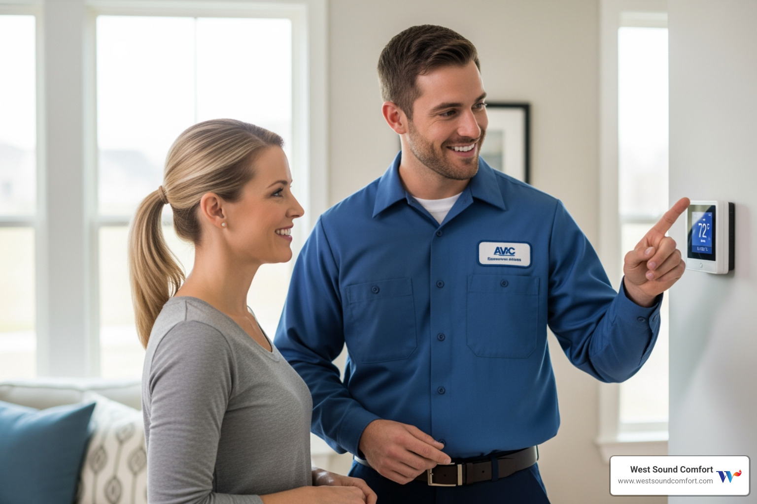 Friendly technician explaining a thermostat to a homeowner, pointing at the display with a smile - certified heat pump technician in sequim, wa