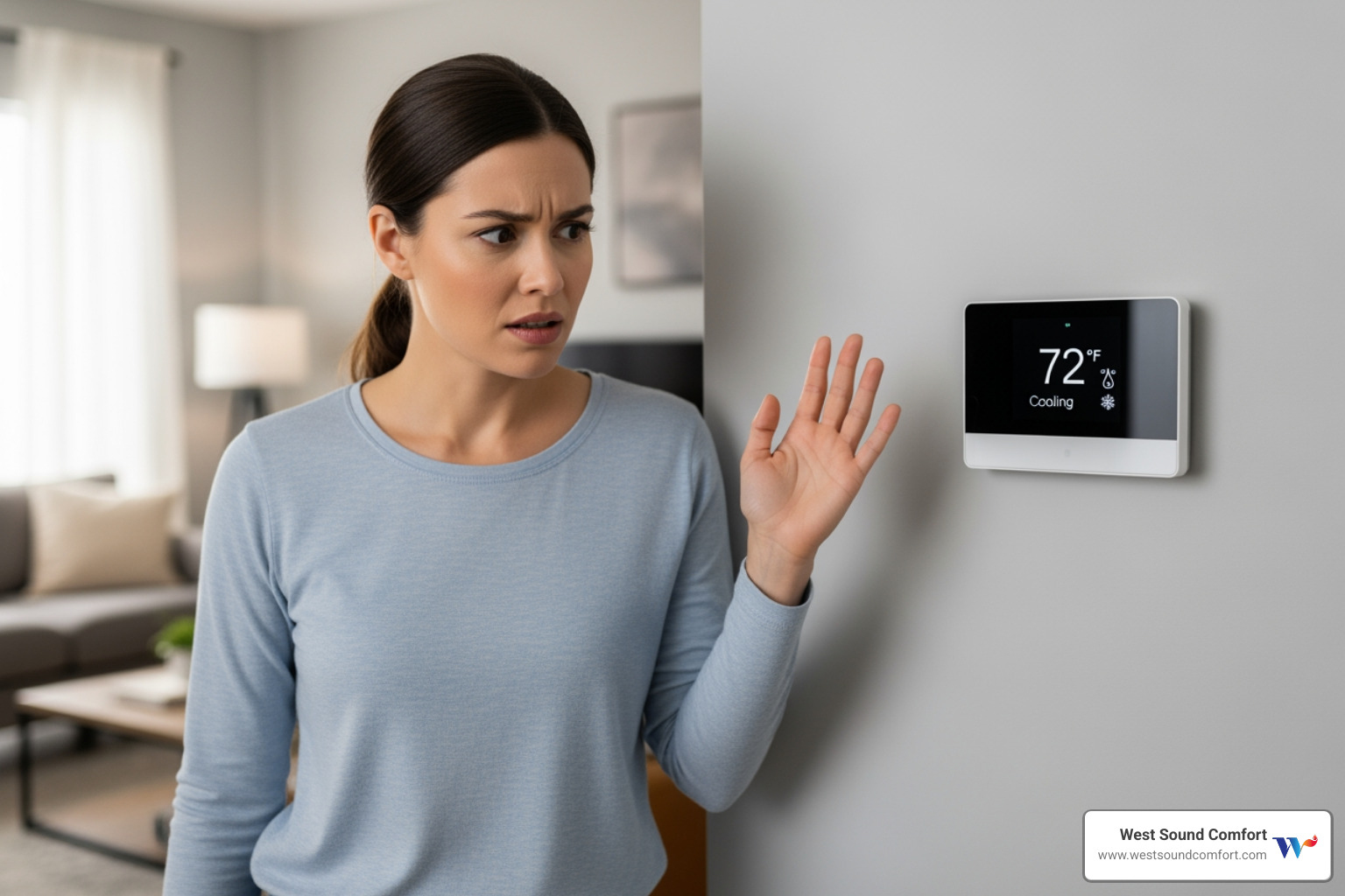 A homeowner looking quizzically at their thermostat - heat pump maintenance in keyport, wa