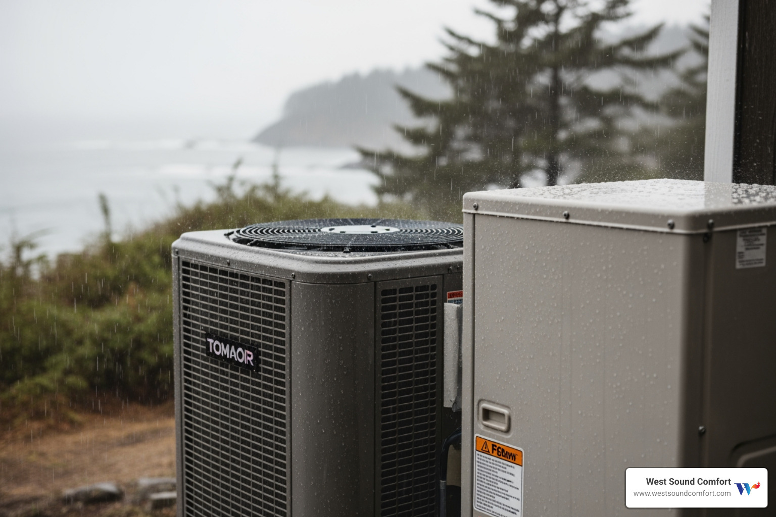 outdoor HVAC unit in a rainy, coastal setting - emergency hvac repair in manchester, wa outdoor HVAC unit in a rainy, coastal setting - emergency hvac repair in manchester, wa