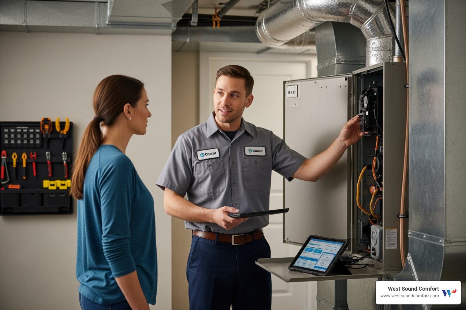 friendly technician explaining a repair to a homeowner - emergency hvac repair in manchester, wa friendly technician explaining a repair to a homeowner - emergency hvac repair in manchester, wa