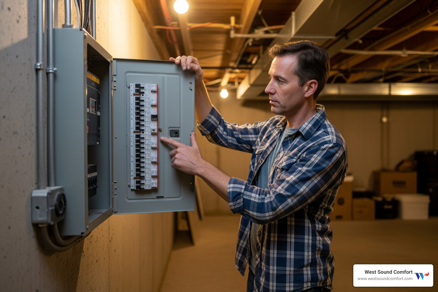 homeowner checking their circuit breaker panel - emergency hvac repair in manchester, wa homeowner checking their circuit breaker panel - emergency hvac repair in manchester, wa