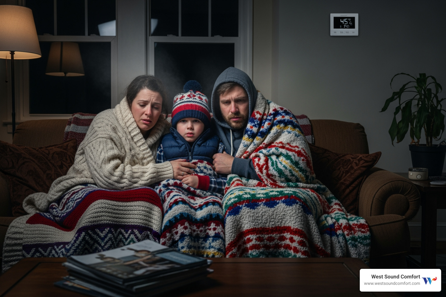 family looking cold and wrapped in blankets in their living room; HVAC emergency; Manchester WA climate; No heat; No AC - emergency hvac repair in manchester, wa family looking cold and wrapped in blankets in their living room; HVAC emergency; Manchester WA climate; No heat; No AC - emergency hvac repair in manchester, wa
