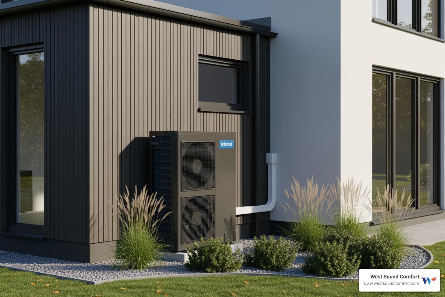 A modern heat pump unit on the side of a house, blending into the residential landscape - certified hvac technician in kingston, wa