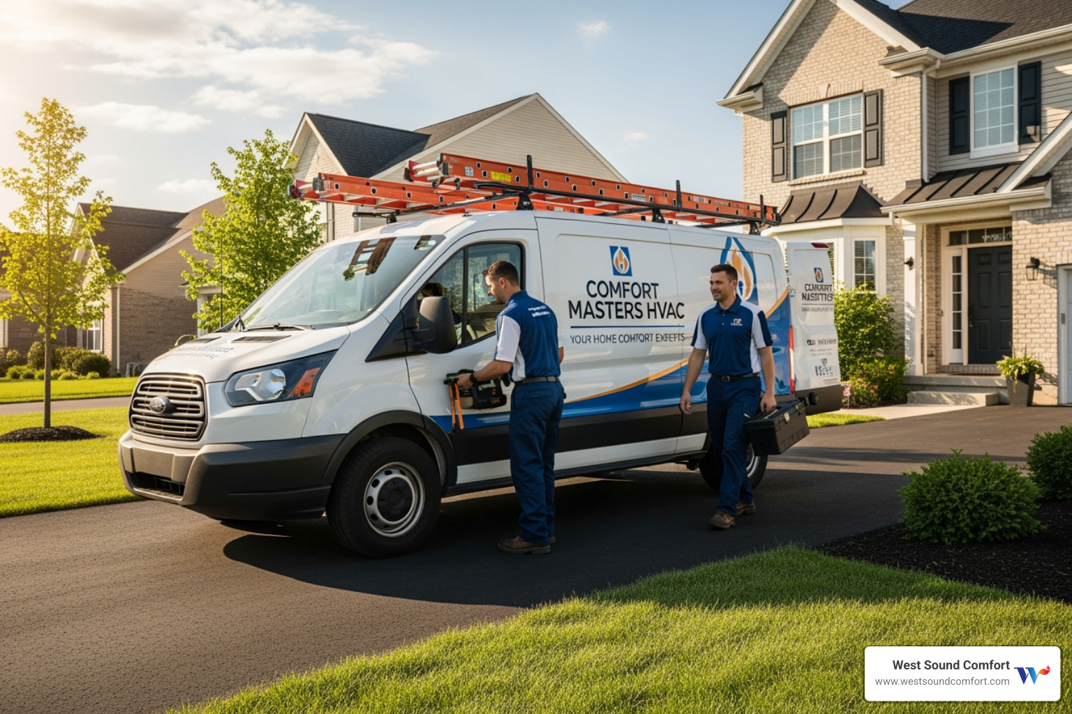 A friendly certified technician's van with professional branding parked outside a home - certified furnace technician in port townsend, wa