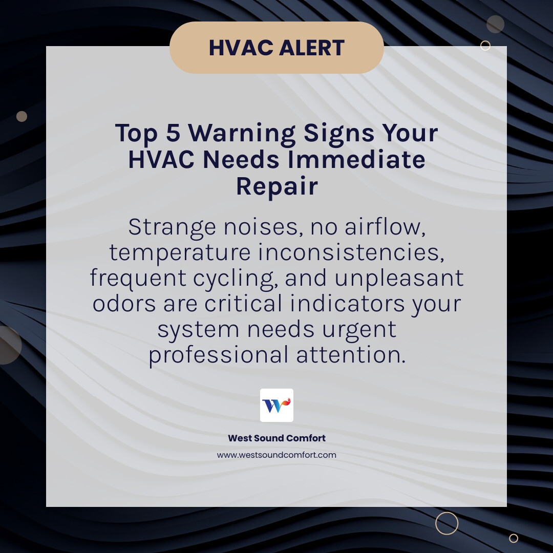 infographic showing five warning signs of HVAC system failure including strange noises, no airflow, temperature inconsistencies, frequent cycling, and unpleasant odors with icons for each symptom - same day hvac repair in silverdale, wa infographic simple-info-card-dark infographic showing five warning signs of HVAC system failure including strange noises, no airflow, temperature inconsistencies, frequent cycling, and unpleasant odors with icons for each symptom - same day hvac repair in silverdale, wa infographic simple-info-card-dark