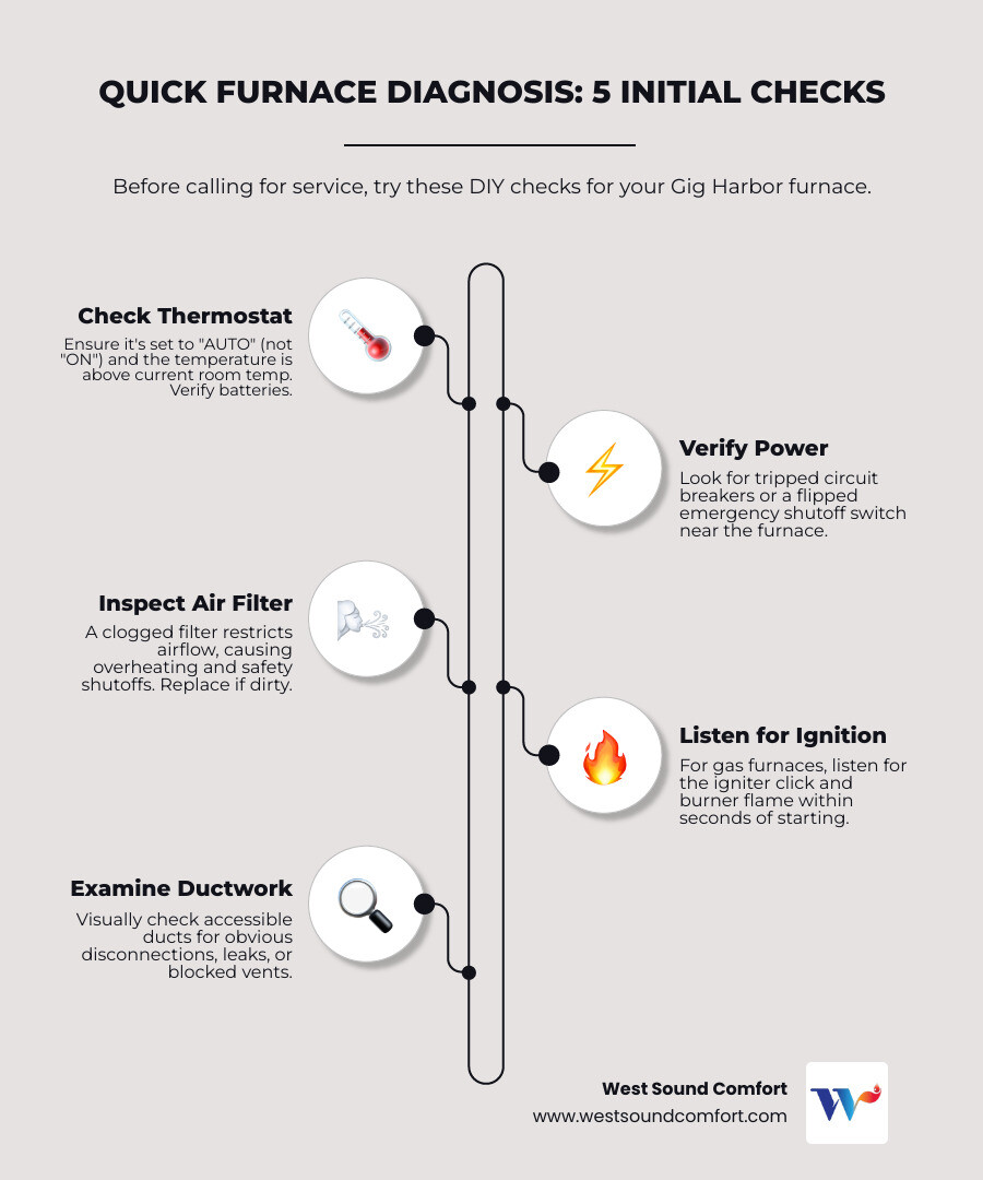 Infographic showing three essential furnace checks: 1) Thermostat display showing AUTO mode and temperature set 5 degrees above room temp, 2) Circuit breaker panel with furnace breaker highlighted and emergency shutoff switch location, 3) Furnace filter slot with arrows indicating monthly inspection schedule - furnace blowing cold air in gig harbor, wa infographic infographic-line-5-steps-elegant_beige