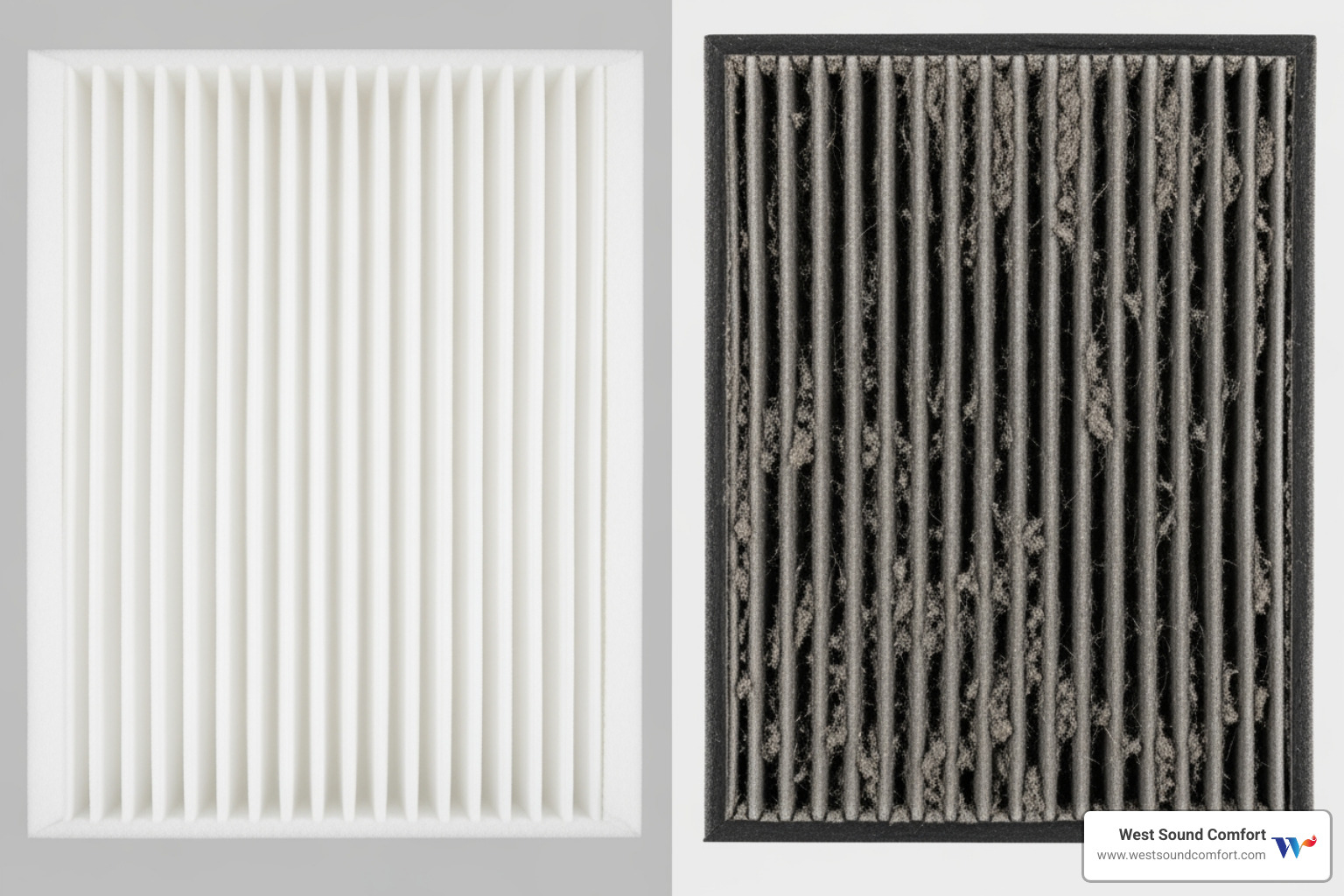 A side-by-side comparison of a clean, white furnace filter and a heavily soiled, dark gray furnace filter. - furnace blowing cold air in gig harbor, wa