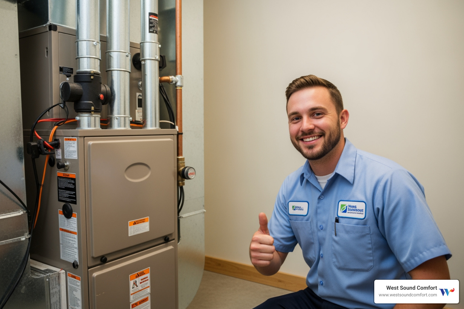 A friendly, professional HVAC technician smiling and giving a thumbs up next to a well-maintained furnace in a clean utility room. - furnace blowing cold air in gig harbor, wa