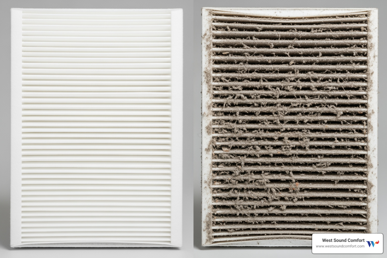 A side-by-side comparison of a clean furnace filter and a heavily clogged, dirty furnace filter - furnace blowing cold air in sequim, wa