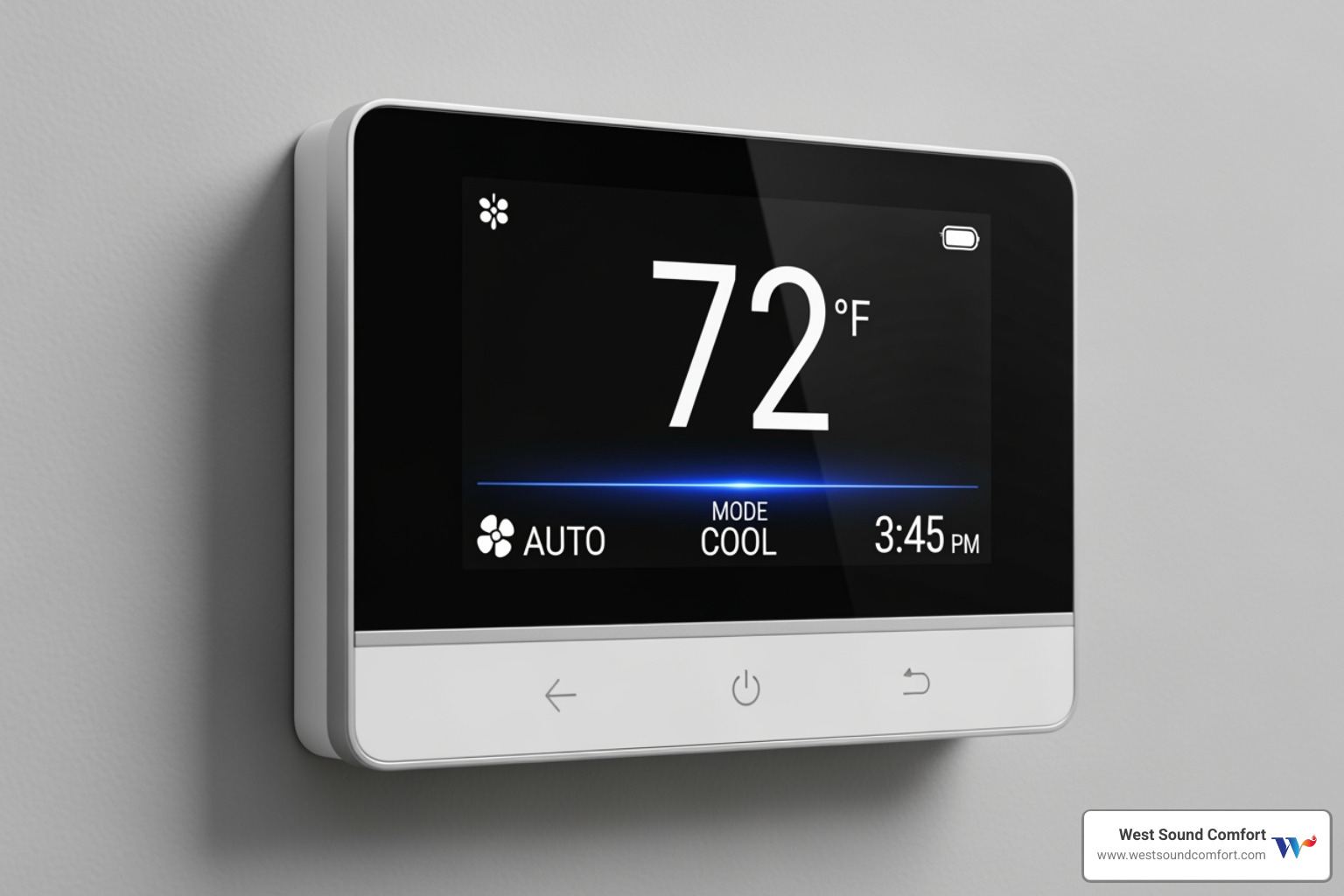 A digital thermostat display showing the fan set to 'AUTO' mode - furnace blowing cold air in sequim, wa