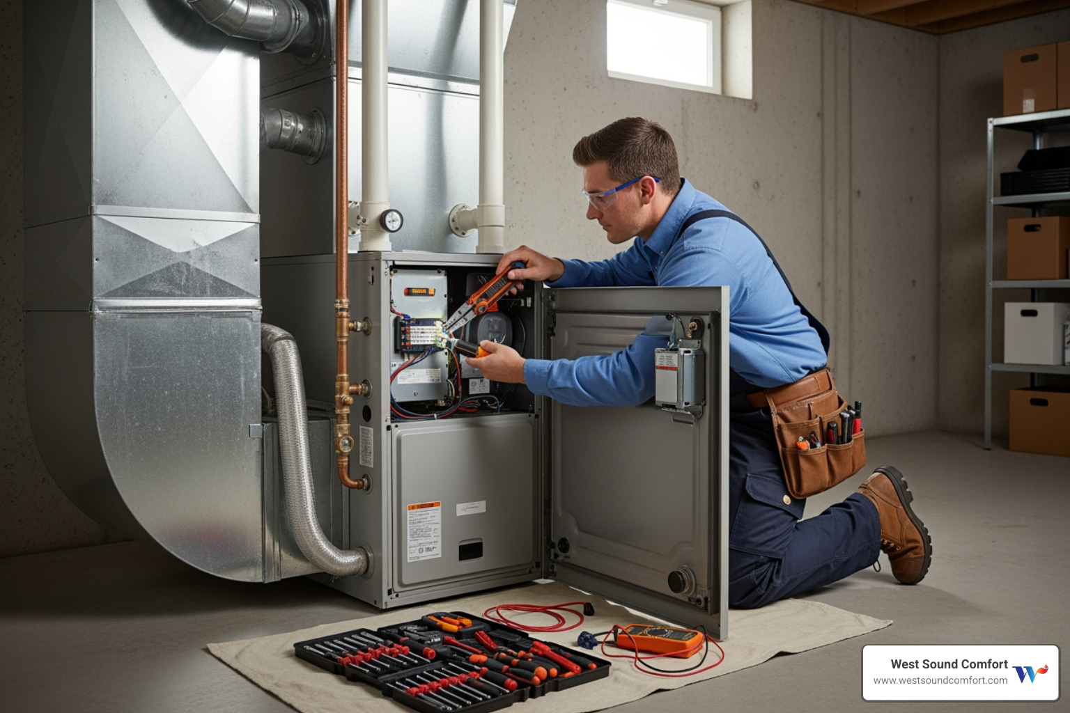 A technician performing routine maintenance on a furnace, checking components - furnace blowing cold air in sequim, wa