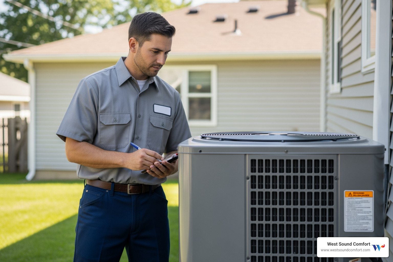 technician inspecting outdoor heat pump unit - certified heat pump technician in artondale, wa technician inspecting outdoor heat pump unit - certified heat pump technician in artondale, wa