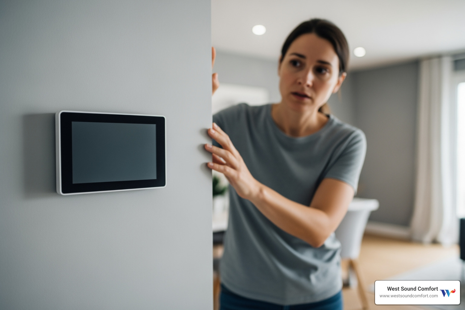 a person looking at a non-responsive thermostat - hvac broken in gig harbor, wa a person looking at a non-responsive thermostat - hvac broken in gig harbor, wa