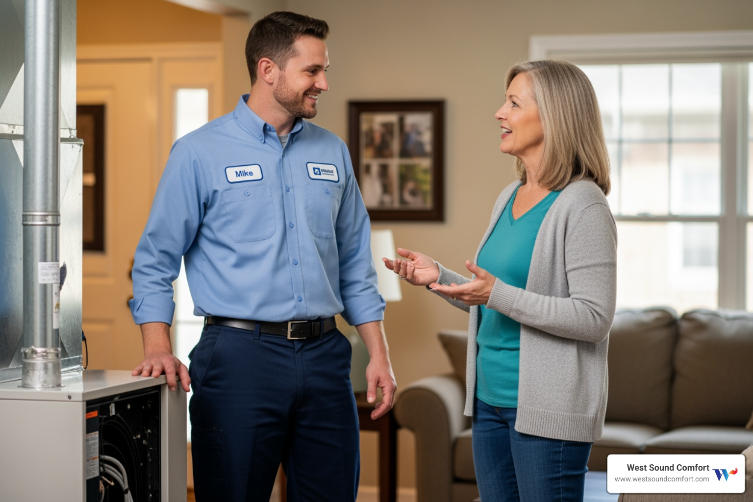 friendly technician talking with homeowner - certified heat pump technician in artondale, wa friendly technician talking with homeowner - certified heat pump technician in artondale, wa