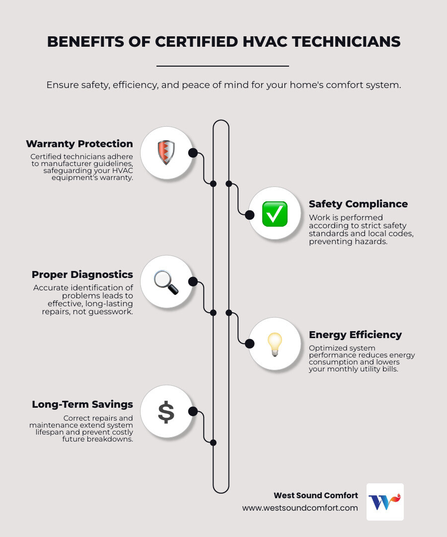 infographic showing benefits of certified HVAC technicians including warranty protection, safety compliance, proper diagnostics, energy efficiency improvements, and long-term cost savings - certified hvac technician in bremerton, wa infographic infographic-line-5-steps-elegant_beige infographic showing benefits of certified HVAC technicians including warranty protection, safety compliance, proper diagnostics, energy efficiency improvements, and long-term cost savings - certified hvac technician in bremerton, wa infographic infographic-line-5-steps-elegant_beige