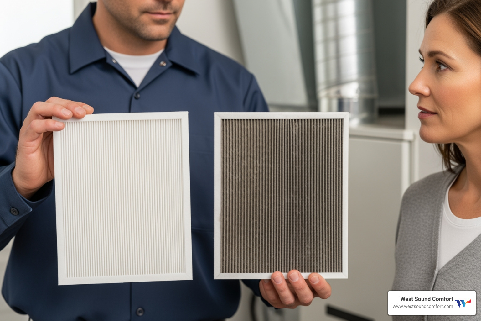 technician showing a homeowner a clean air filter next to a dirty one - certified hvac technician in bremerton, wa technician showing a homeowner a clean air filter next to a dirty one - certified hvac technician in bremerton, wa