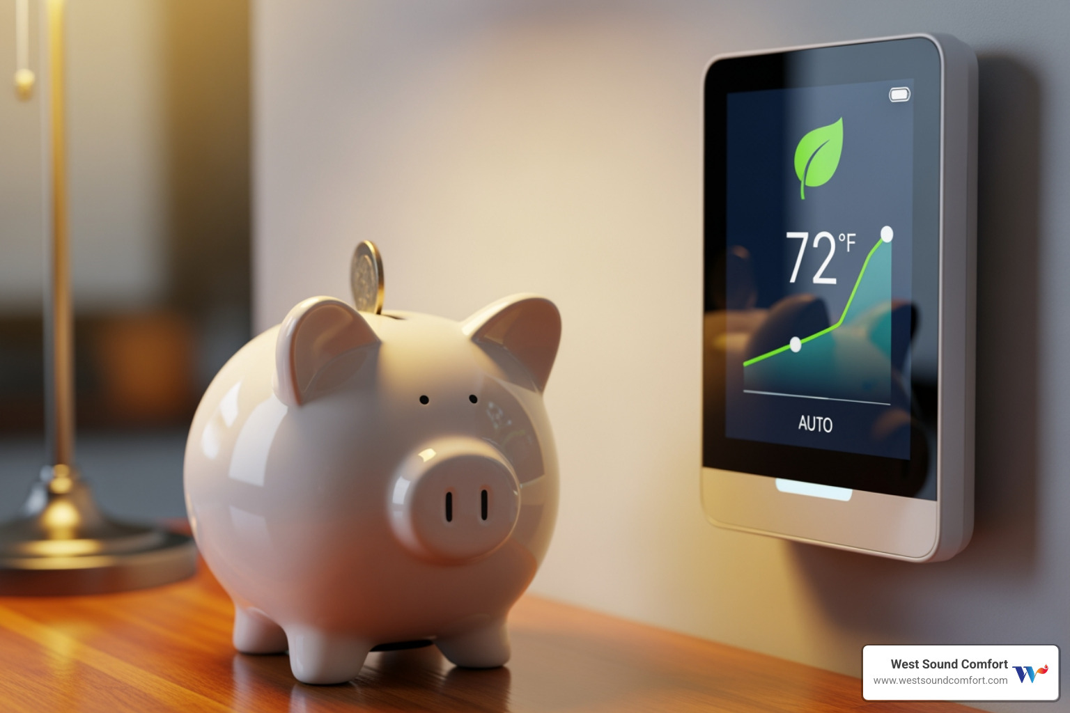 piggy bank next to a thermostat showing energy savings - best heat pump company in burley, wa