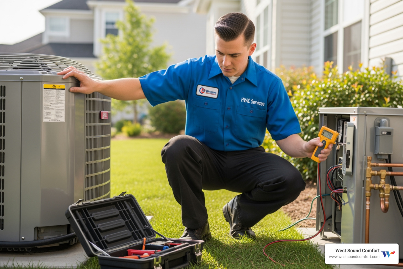 professional, uniformed technician inspecting an outdoor heat pump unit - certified hvac technician in port townsend, wa