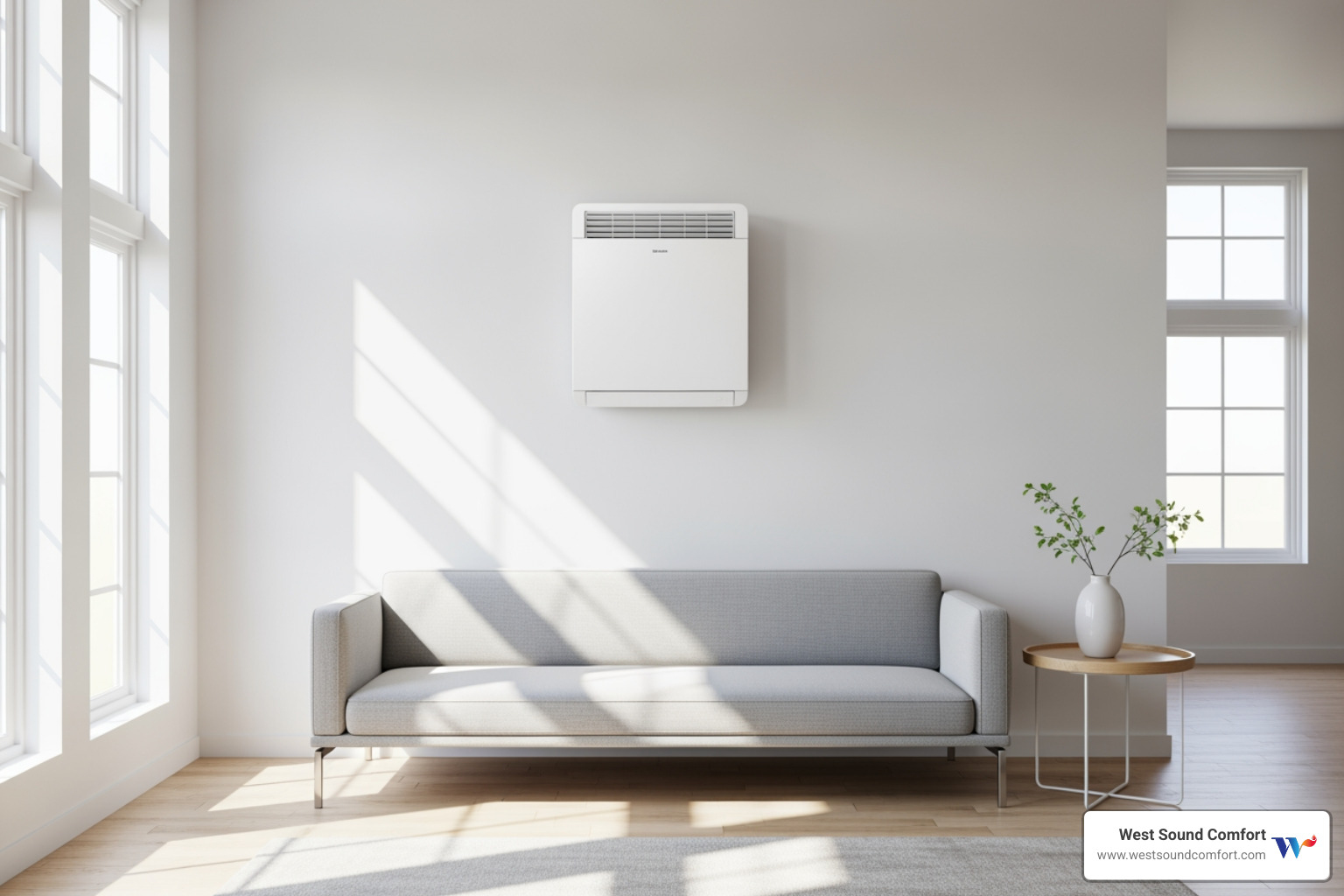 clean, modern ductless mini-split on a living room wall - certified hvac technician in port townsend, wa