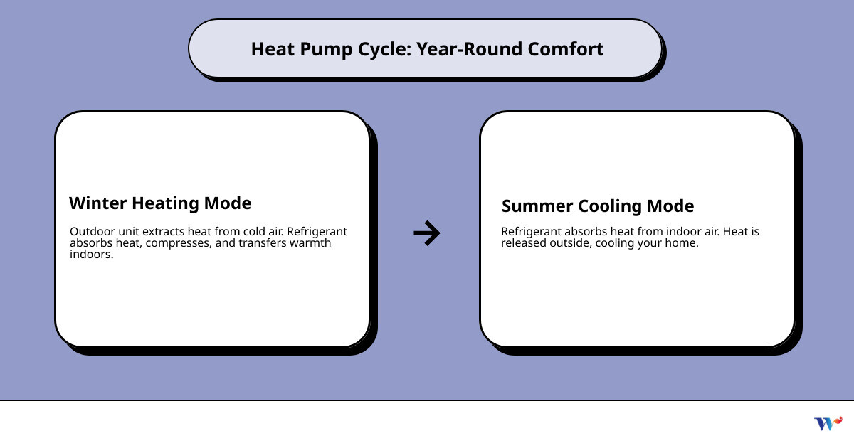Infographic showing the heat pump cycle: outdoor unit extracts heat from outside air, refrigerant carries heat energy through copper lines, indoor unit distributes warm air through home in winter; process reverses in summer to provide cooling; arrows indicate refrigerant flow and heat transfer direction - certified heat pump technician in allyn, wa infographic cause_effect_text
