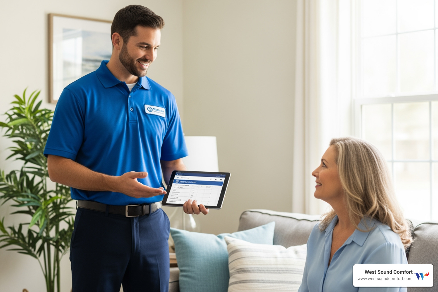 a friendly technician discussing a diagnostic report with a homeowner - certified heat pump technician in allyn, wa
