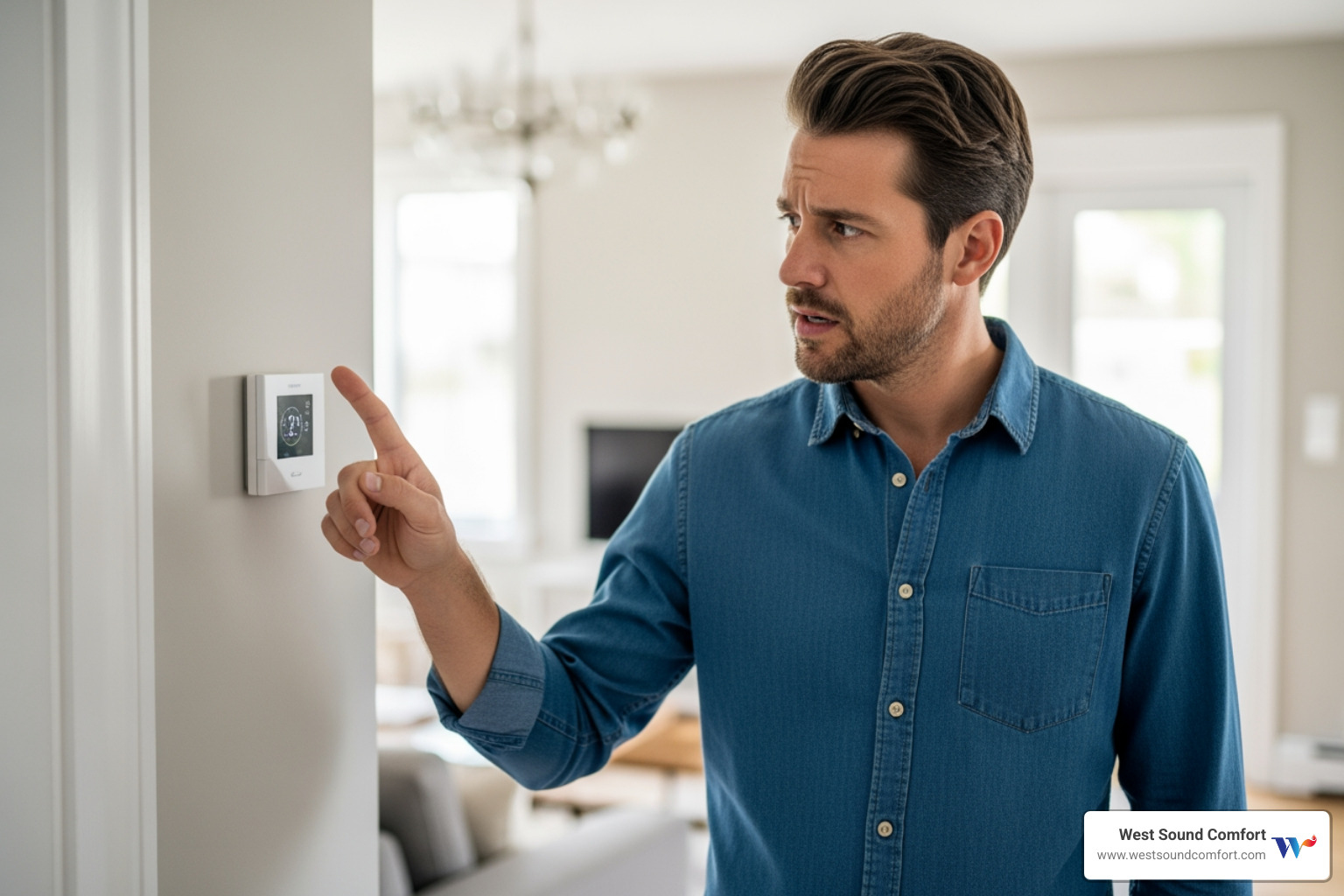 homeowner looking at their thermostat with a concerned expression - heat pump inspection in bremerton, wa homeowner looking at their thermostat with a concerned expression - heat pump inspection in bremerton, wa