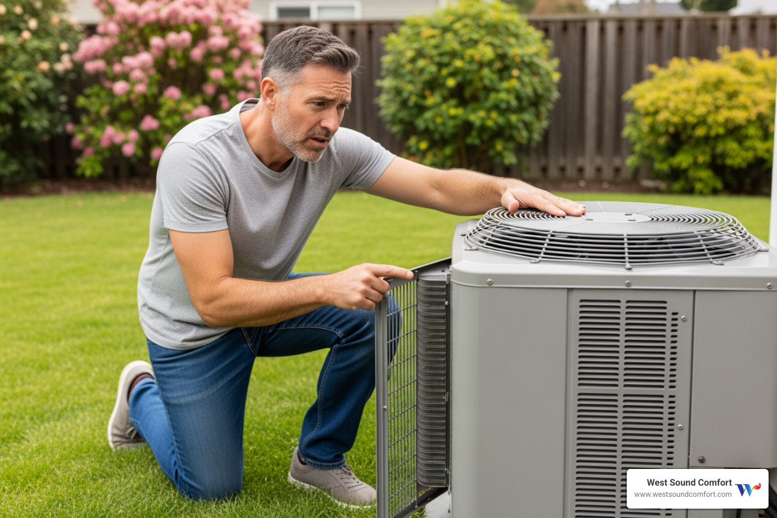 homeowner looking concerned at their outdoor heat pump unit - same day heat pump repair in bainbridge island, wa homeowner looking concerned at their outdoor heat pump unit - same day heat pump repair in bainbridge island, wa