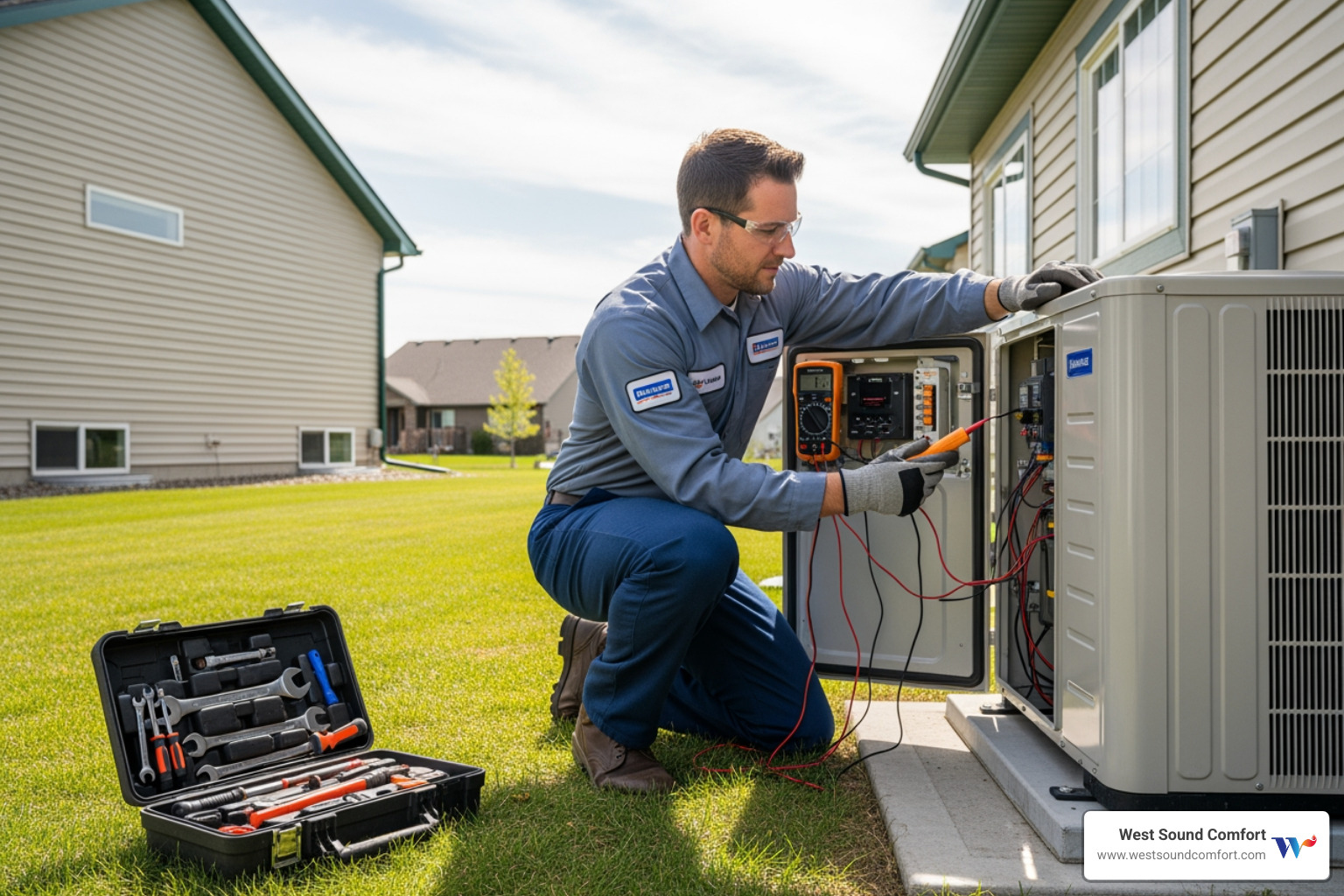 technician performing a maintenance check-up on a heat pump - same day heat pump repair in bainbridge island, wa technician performing a maintenance check-up on a heat pump - same day heat pump repair in bainbridge island, wa