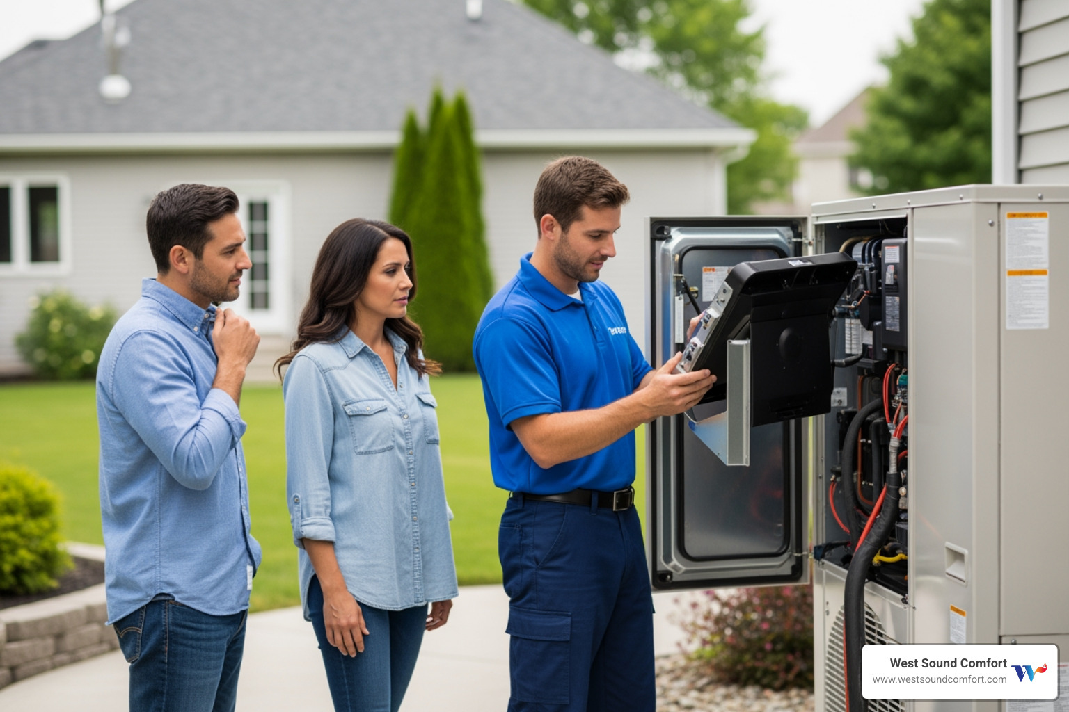 friendly technician diagnosing a heat pump with a homeowner looking on - same day heat pump repair in bainbridge island, wa friendly technician diagnosing a heat pump with a homeowner looking on - same day heat pump repair in bainbridge island, wa