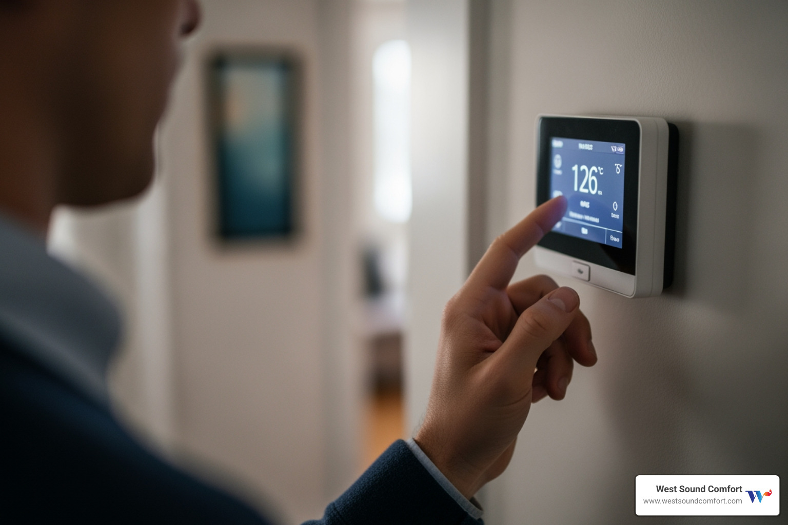 person checking their thermostat settings - same day heat pump repair in bainbridge island, wa person checking their thermostat settings - same day heat pump repair in bainbridge island, wa