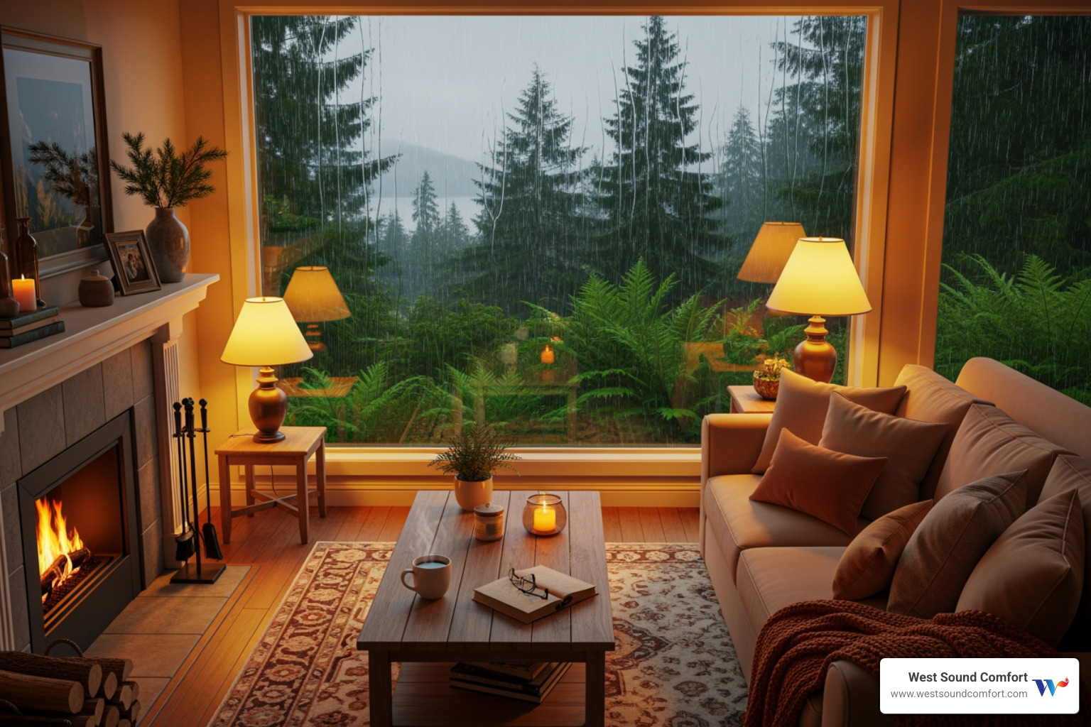 cozy, warm living room with a window showing a rainy, green Bainbridge Island background - same day heat pump repair in bainbridge island, wa cozy, warm living room with a window showing a rainy, green Bainbridge Island background - same day heat pump repair in bainbridge island, wa