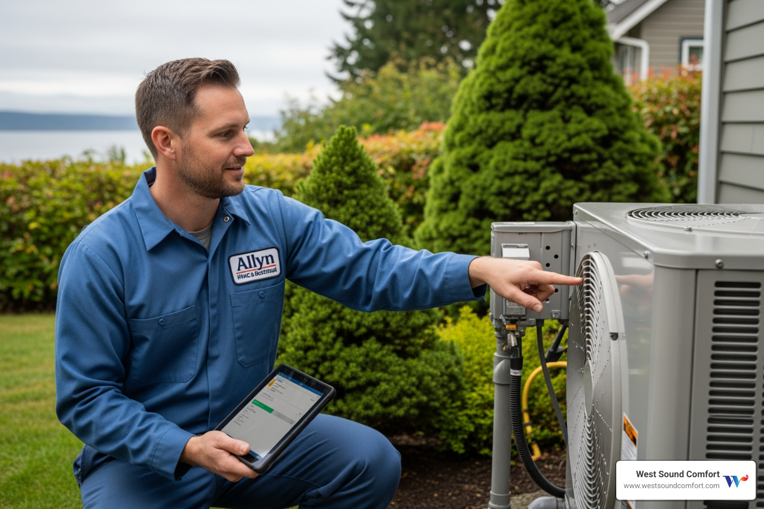 a technician's van showing company branding and certification badges - certified heat pump technician in allyn, wa