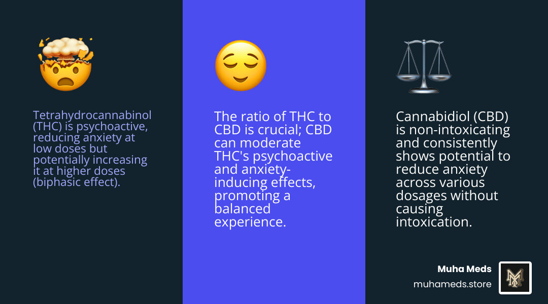 infographic explaining the basic differences between THC and CBD and their primary effects on anxiety - Marijuana for anxiety infographic 3_facts_emoji_blue