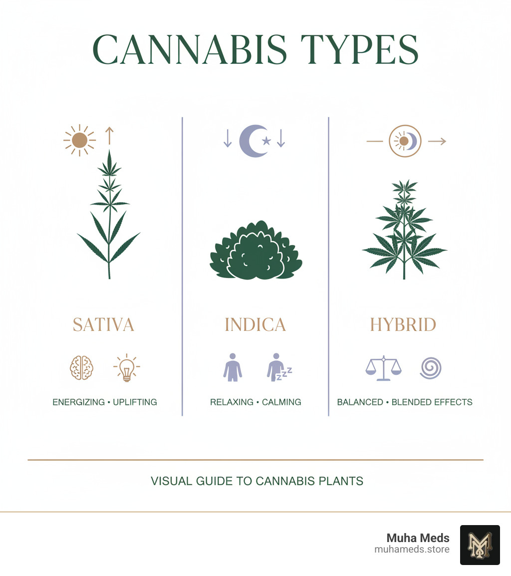 infographic showing the three main types of weed: Sativa plants are tall and thin with energizing effects, Indica plants are short and bushy with relaxing effects, and Hybrid plants combine characteristics of both with blended effects - types of weed infographic 