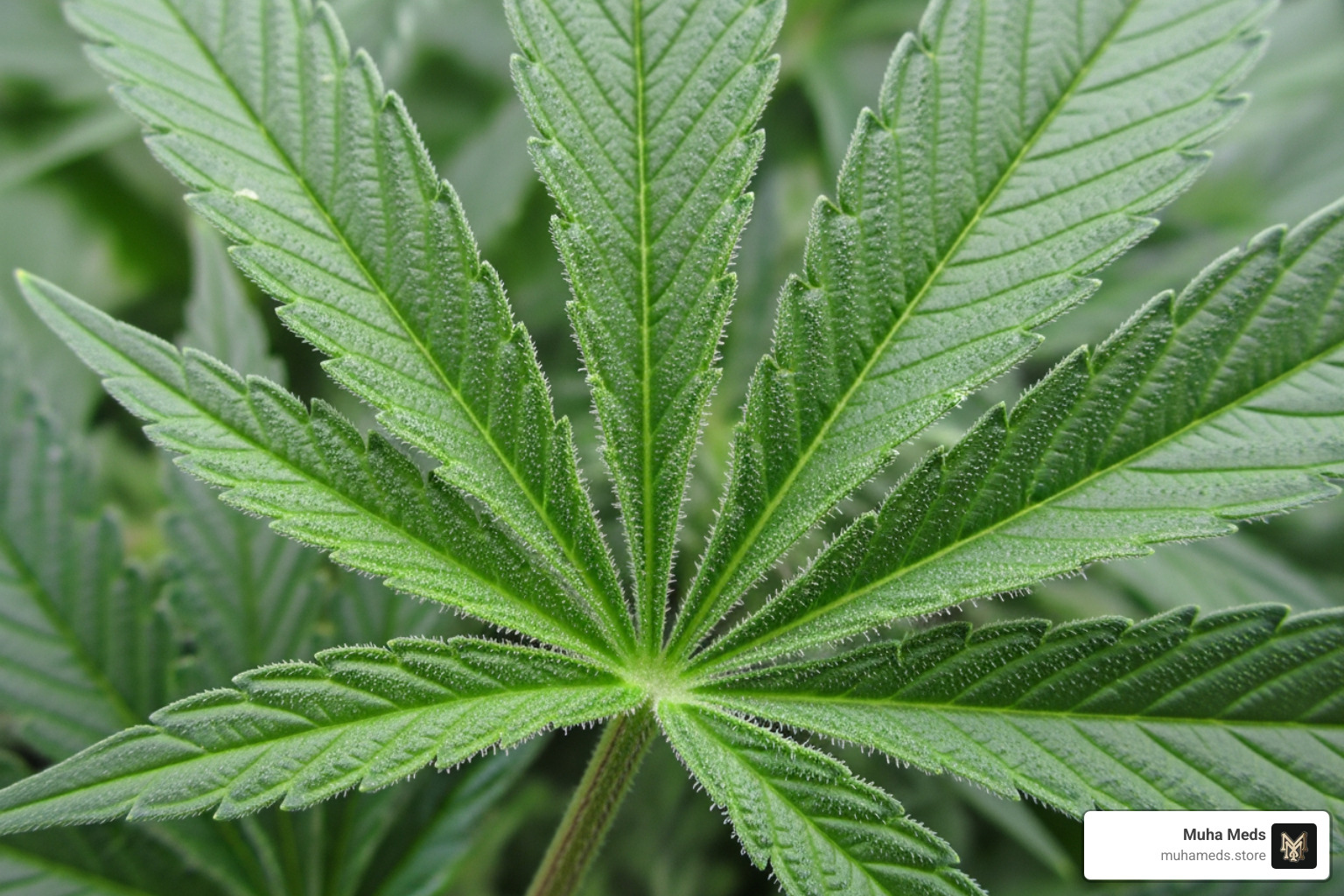 of a hybrid cannabis leaf, combining features of both Sativa and Indica - types of weed