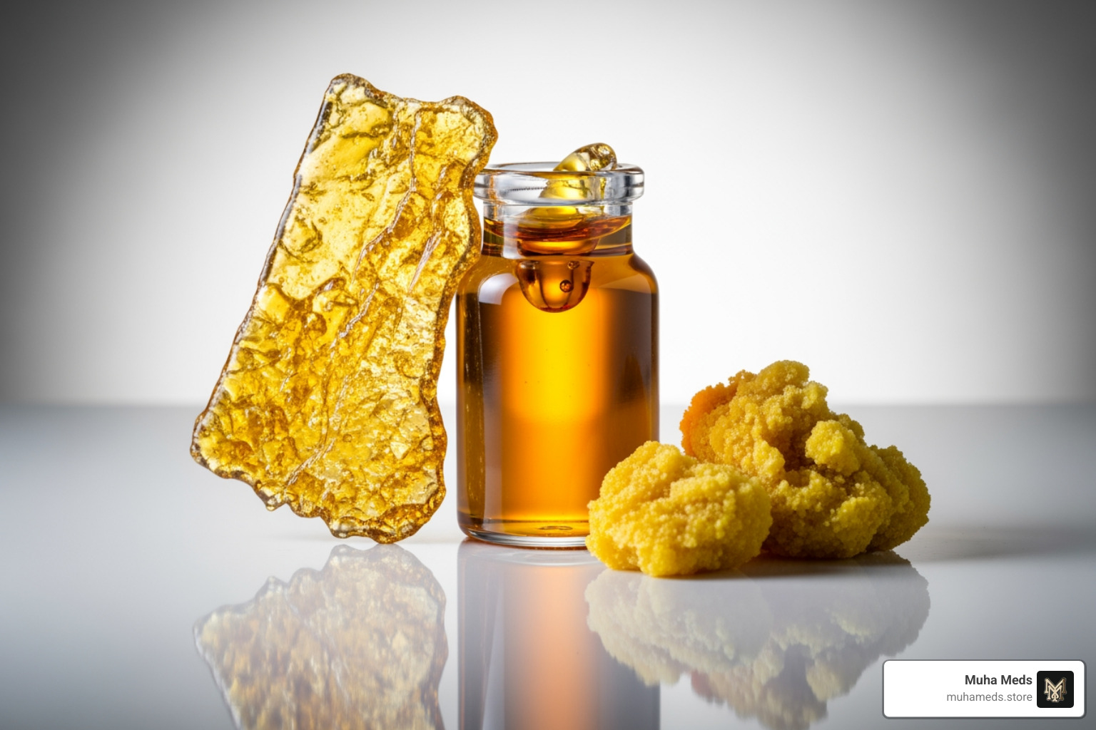 showing different forms of cannabis concentrates like wax, shatter, and oil - types of weed