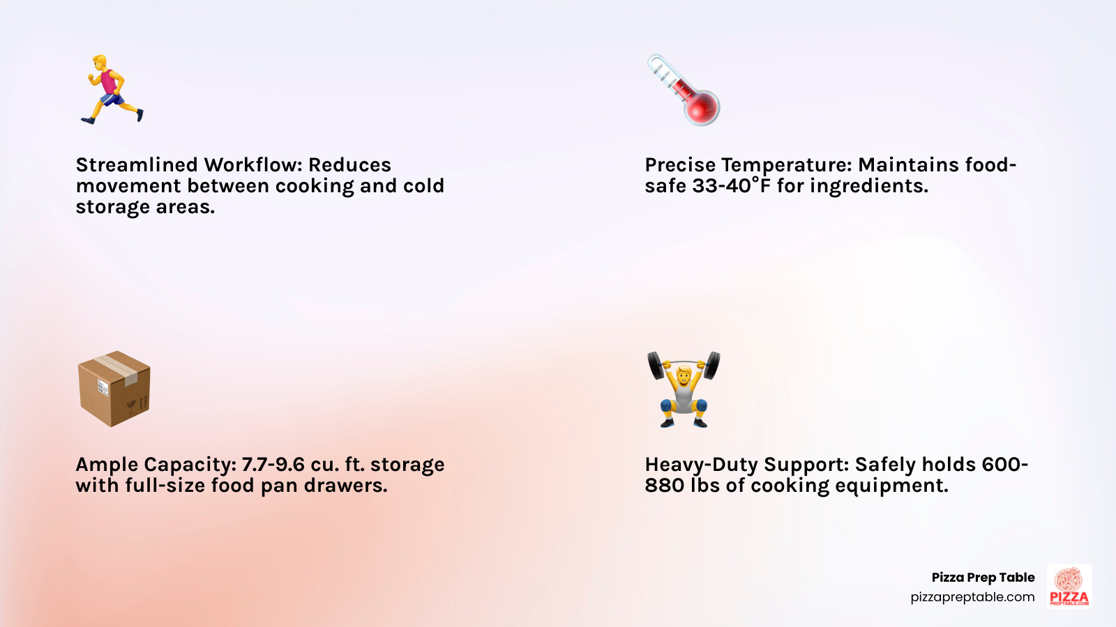 Infographic showing a commercial kitchen layout with a 48 inch chef base positioned directly under a range, with arrows indicating reduced movement between cooking and cold storage areas, food pans visible in open drawers, and labels showing key features like temperature zones, drawer capacity, and equipment weight support - 48 inch chef base infographic 4_facts_emoji_light-gradient
