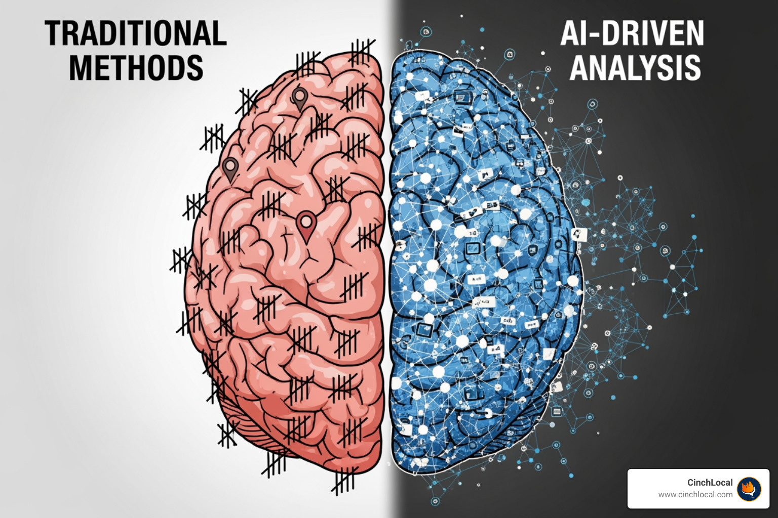 brain with one half showing manual point icons and the other half showing interconnected data nodes, illustrating the shift from traditional to AI lead scoring - AI-driven lead scoring