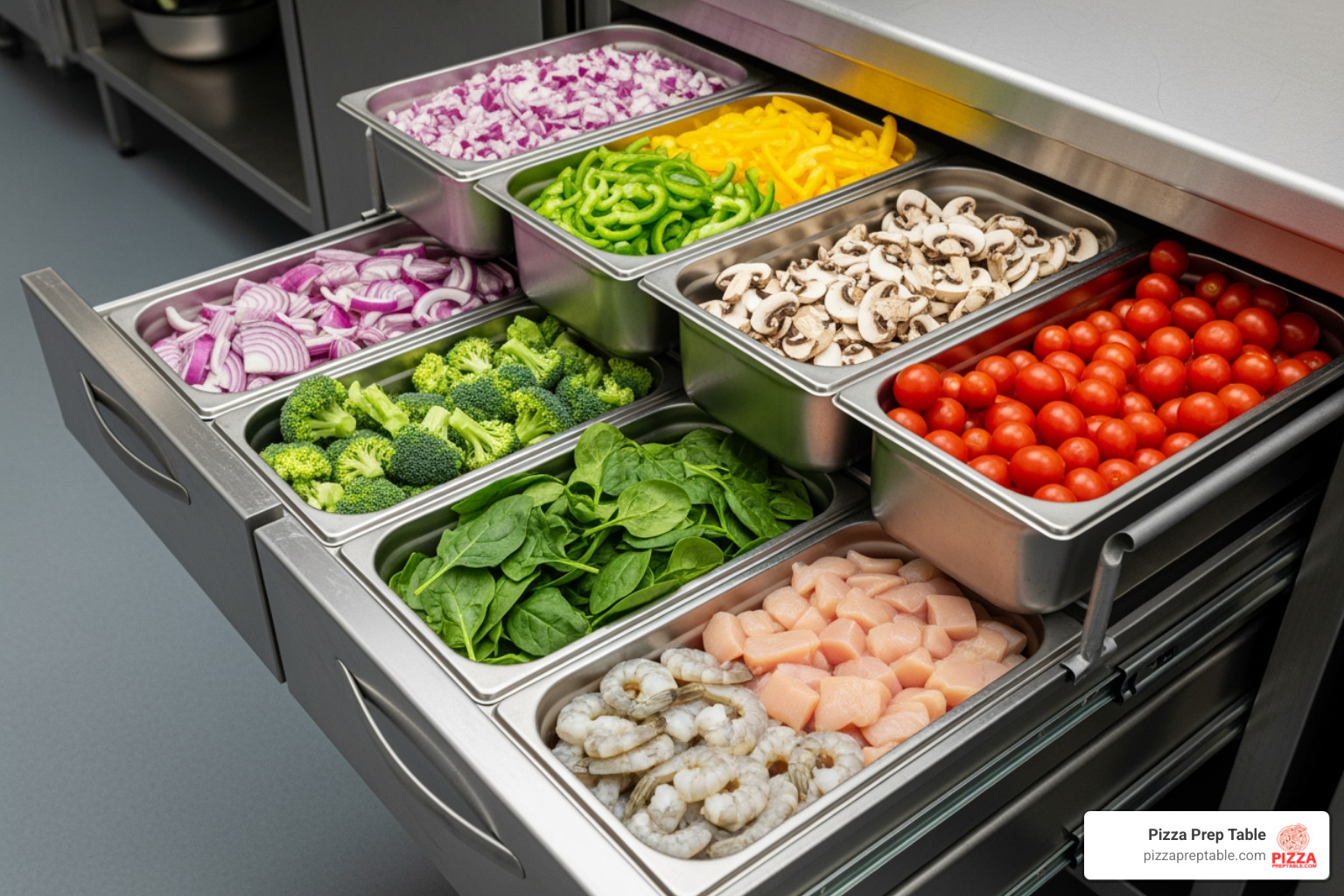 Chef base drawers with food pans inside - 48 inch chef base